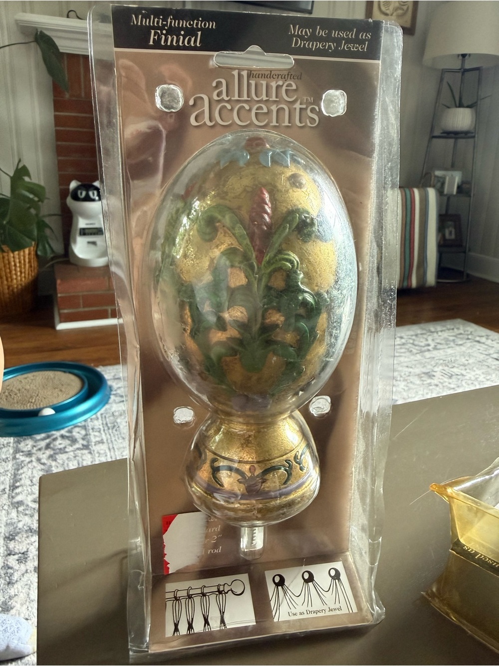 Decorative Gold Curtain Rod Finials with Green Vine Accents - Pair - Picture 7 of 8
